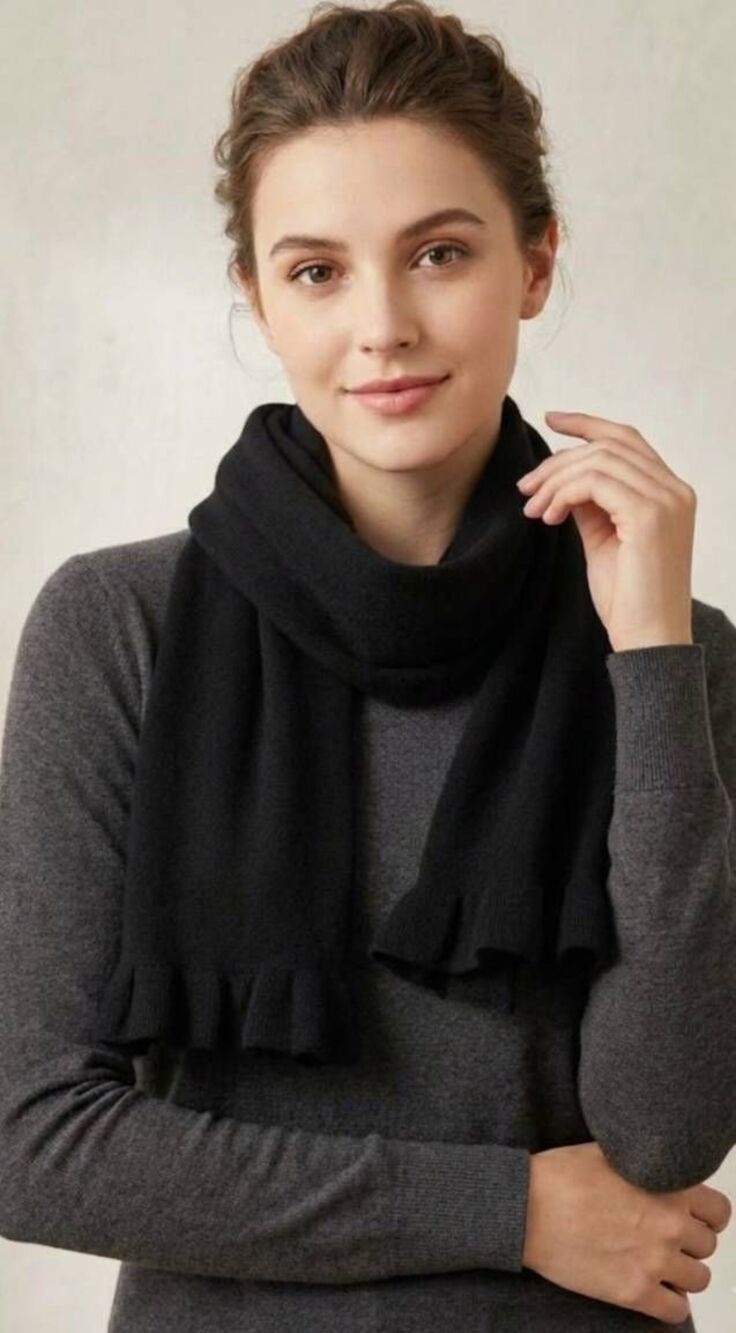 Ann Taylor womens 100% cashmere scarf black long rectangular scalloped edge